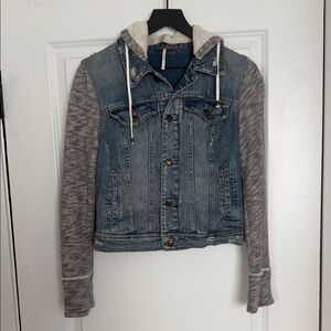 Free People Denim Jacket with Gray Sleeves and Hood small